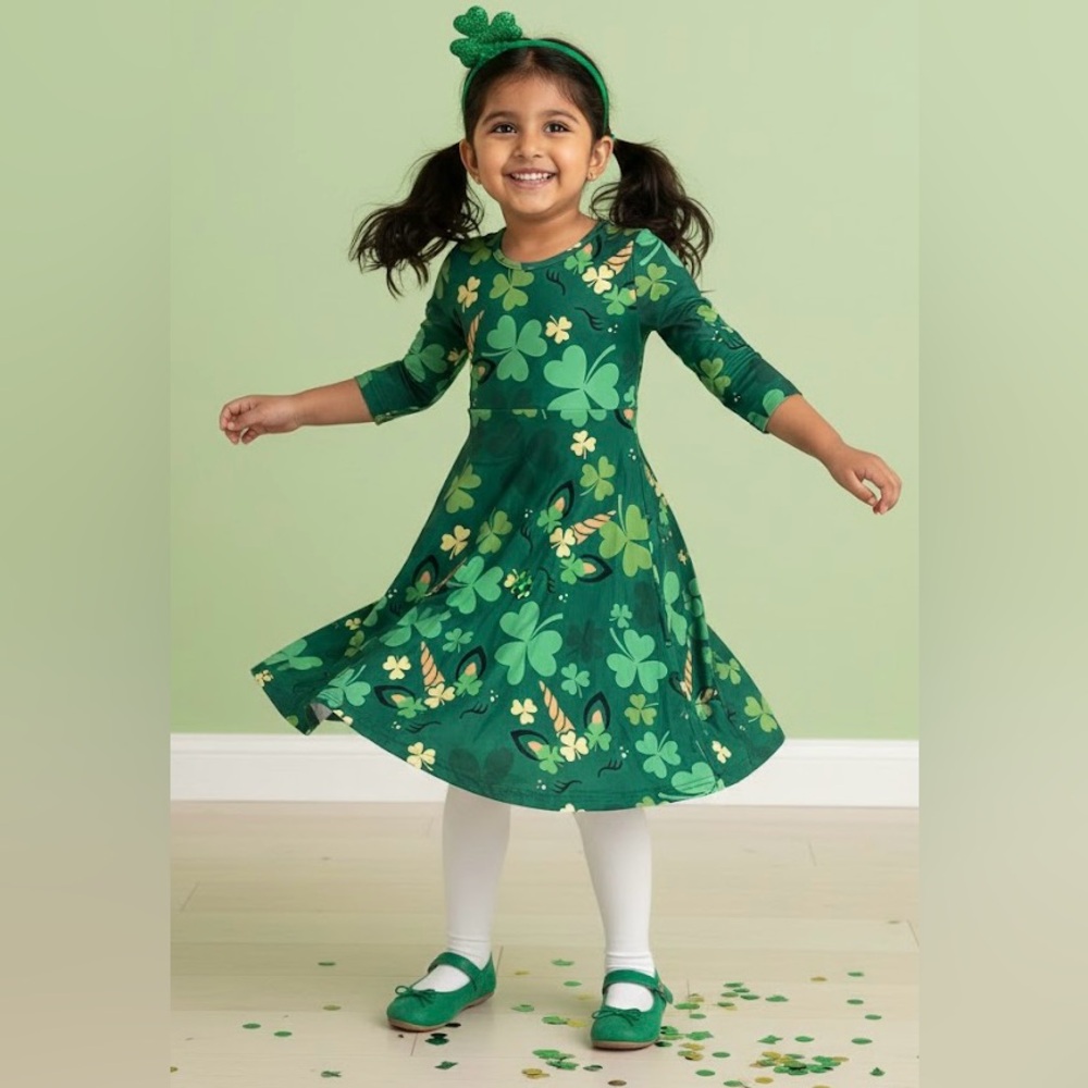 BesserBay Girl's St. Patrick's Day Shamrock Unicorn Twirl Dress Sz 110 4/6 NWOT